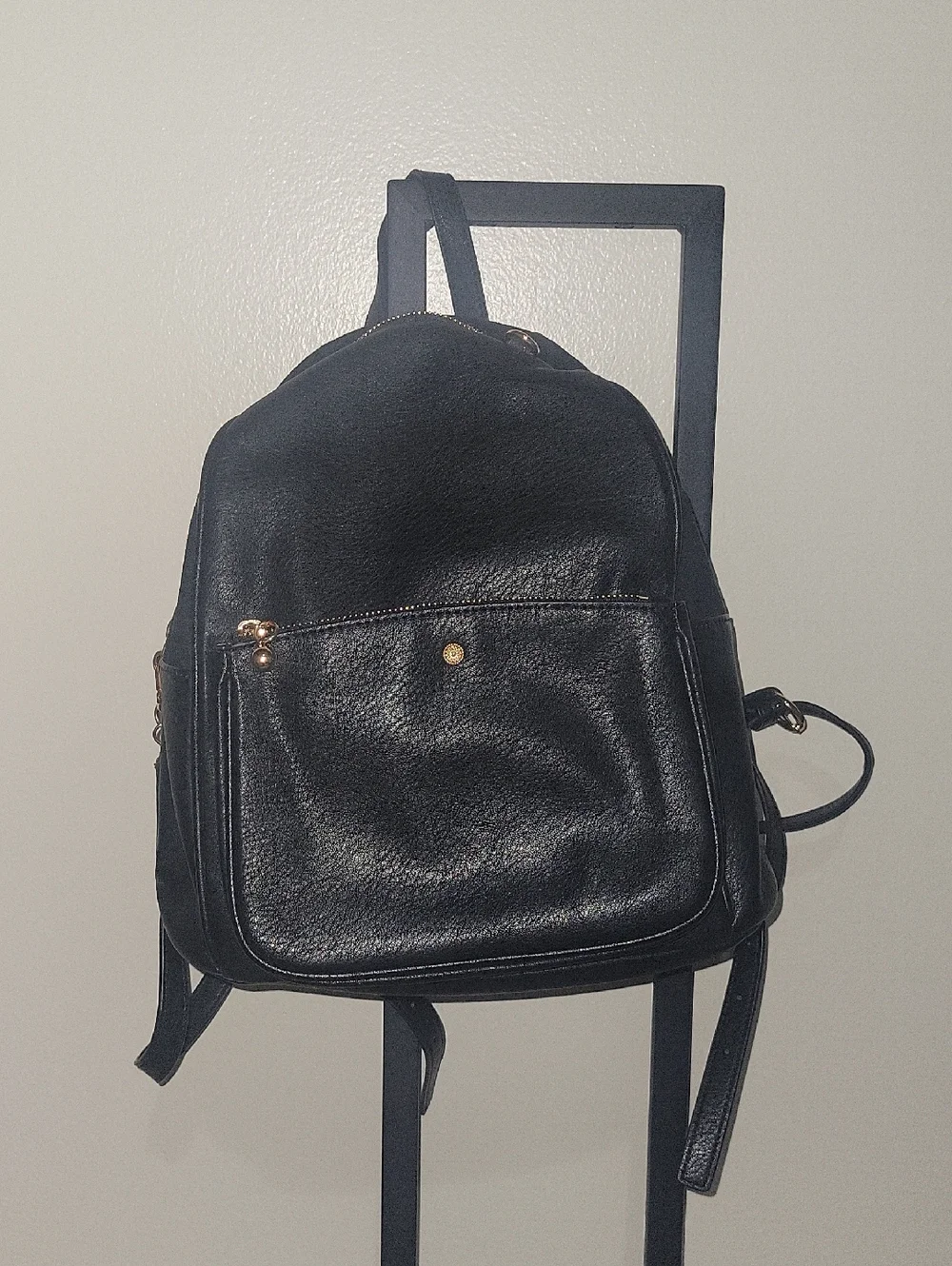 Lauren Conrad Classic Black Faux Leather Backpack with Front Zip Pocket